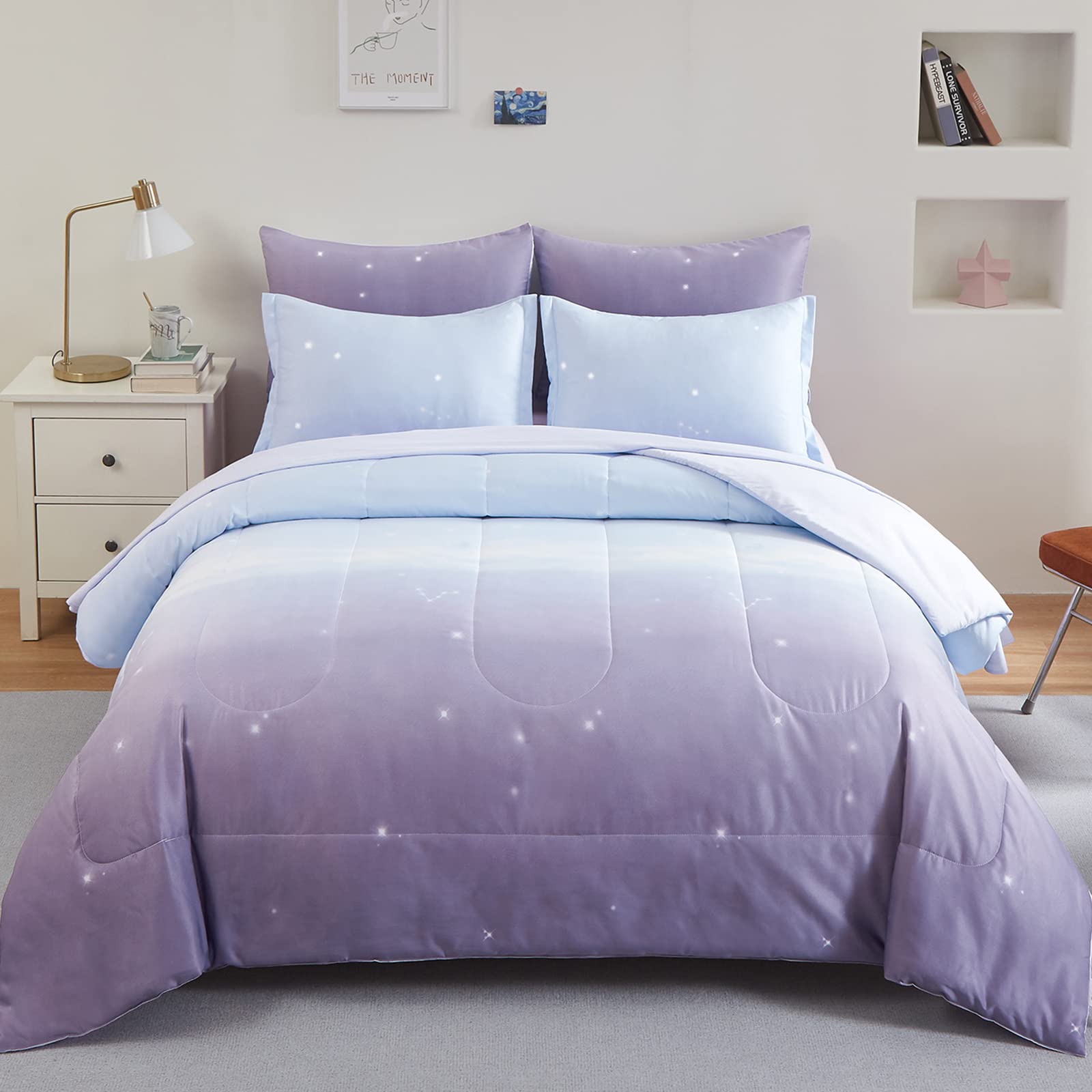 Girls Comforter Set Full Size Colorful Ombre Purple Rainbow Bedding Set Bed In A Bag For Kid Teen Girls 7 Pieces (1 Comforter, 1