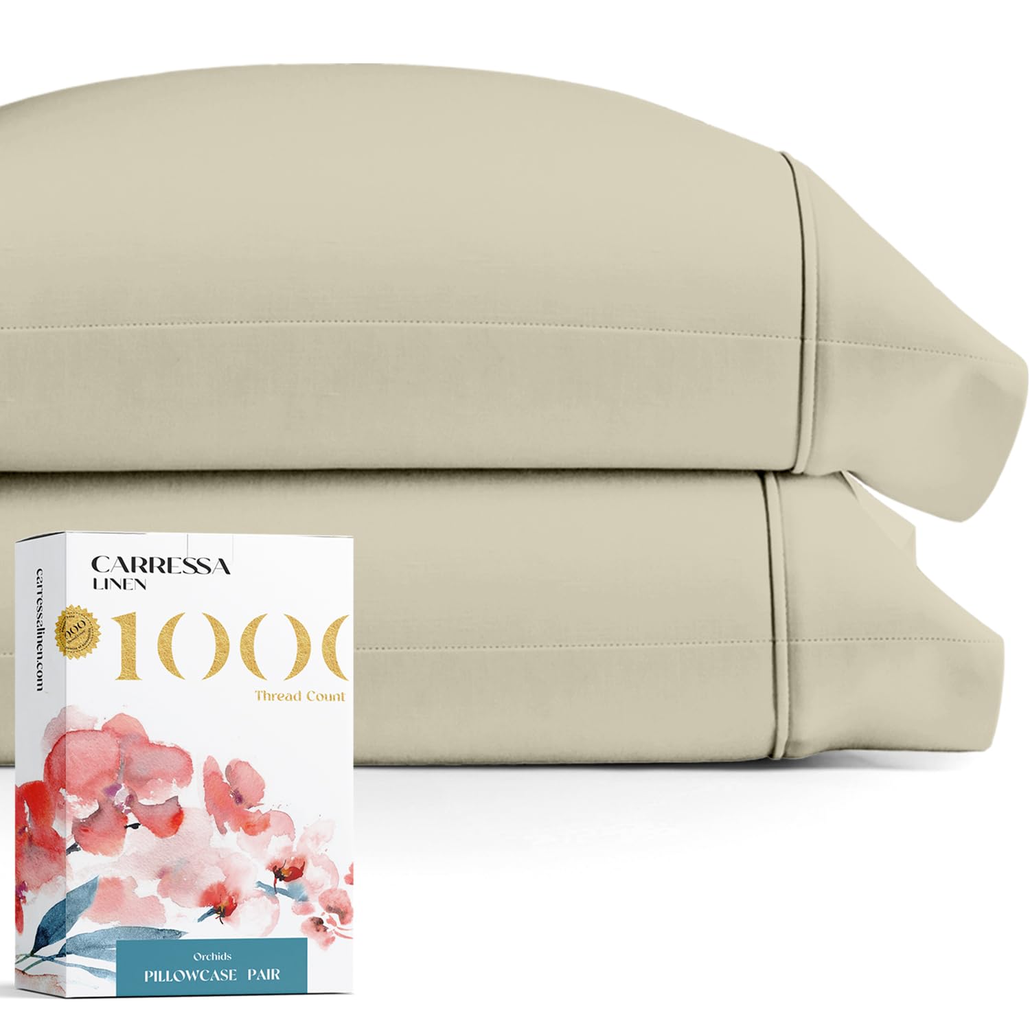 1000 Thread Count Egyptian Cotton Pillow Cases, Sand King Pillowcase Set Of 2, Longstaple Combed Pure Natural Cotton Pillows For