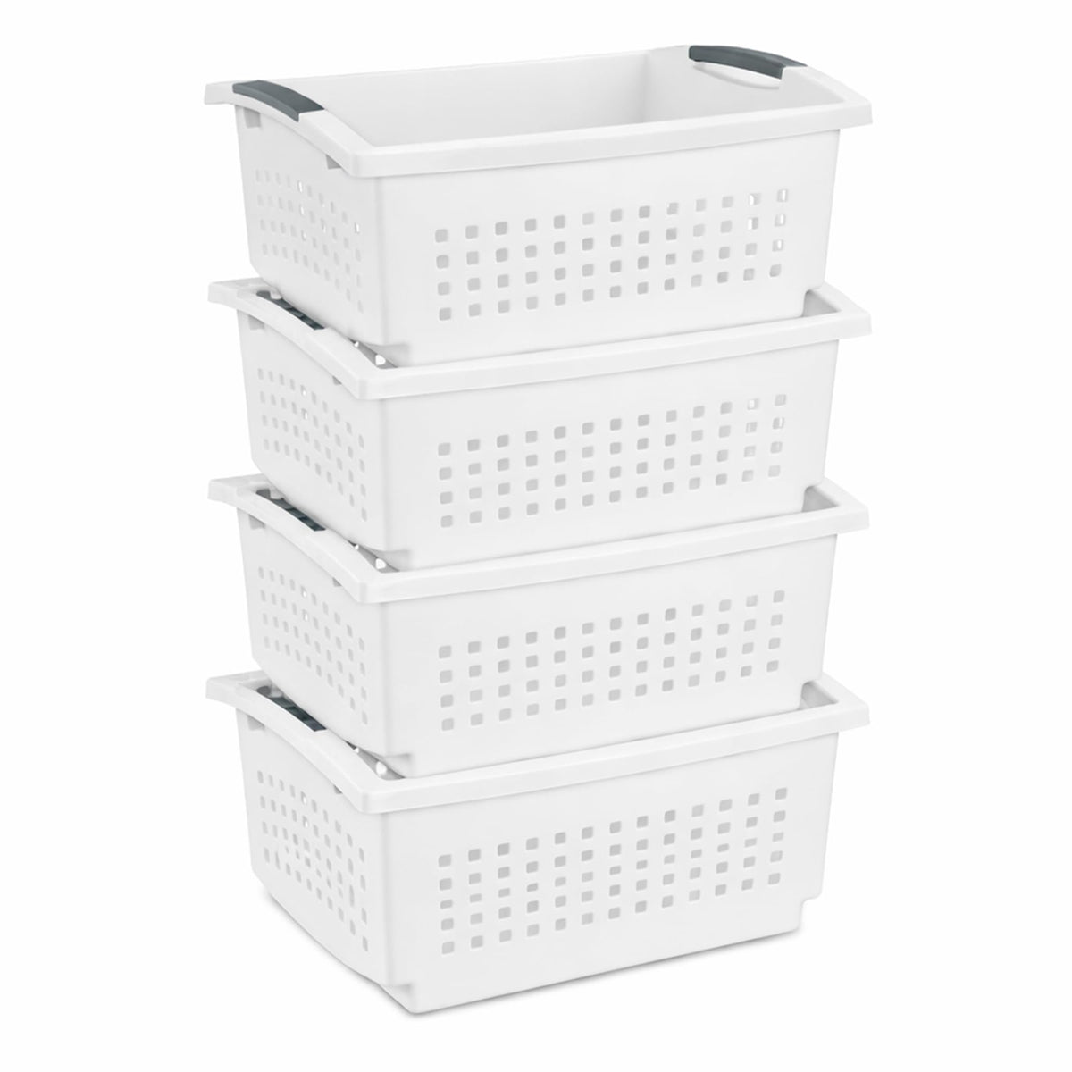 Sterilite 4 Pack Large Stacking Basket, Open Top Storage Bin with Handles, White  Ideal for Home Closets, Kitchens, or Office O