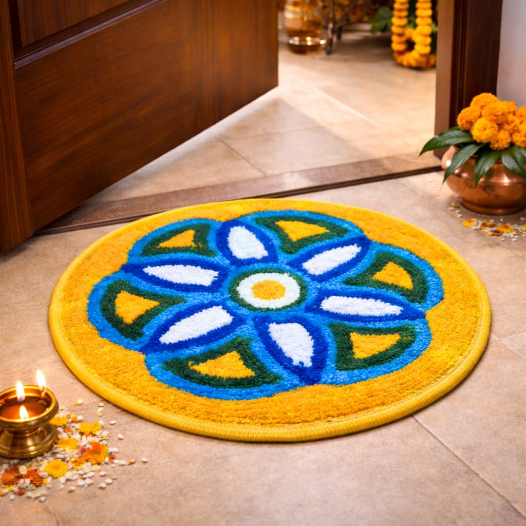 SHREE MADHAV Microfiber Rangoli Doormat, Round Floor Mat with Traditional Indian Mandala Design 21x21 Inches |Decorative Welcome