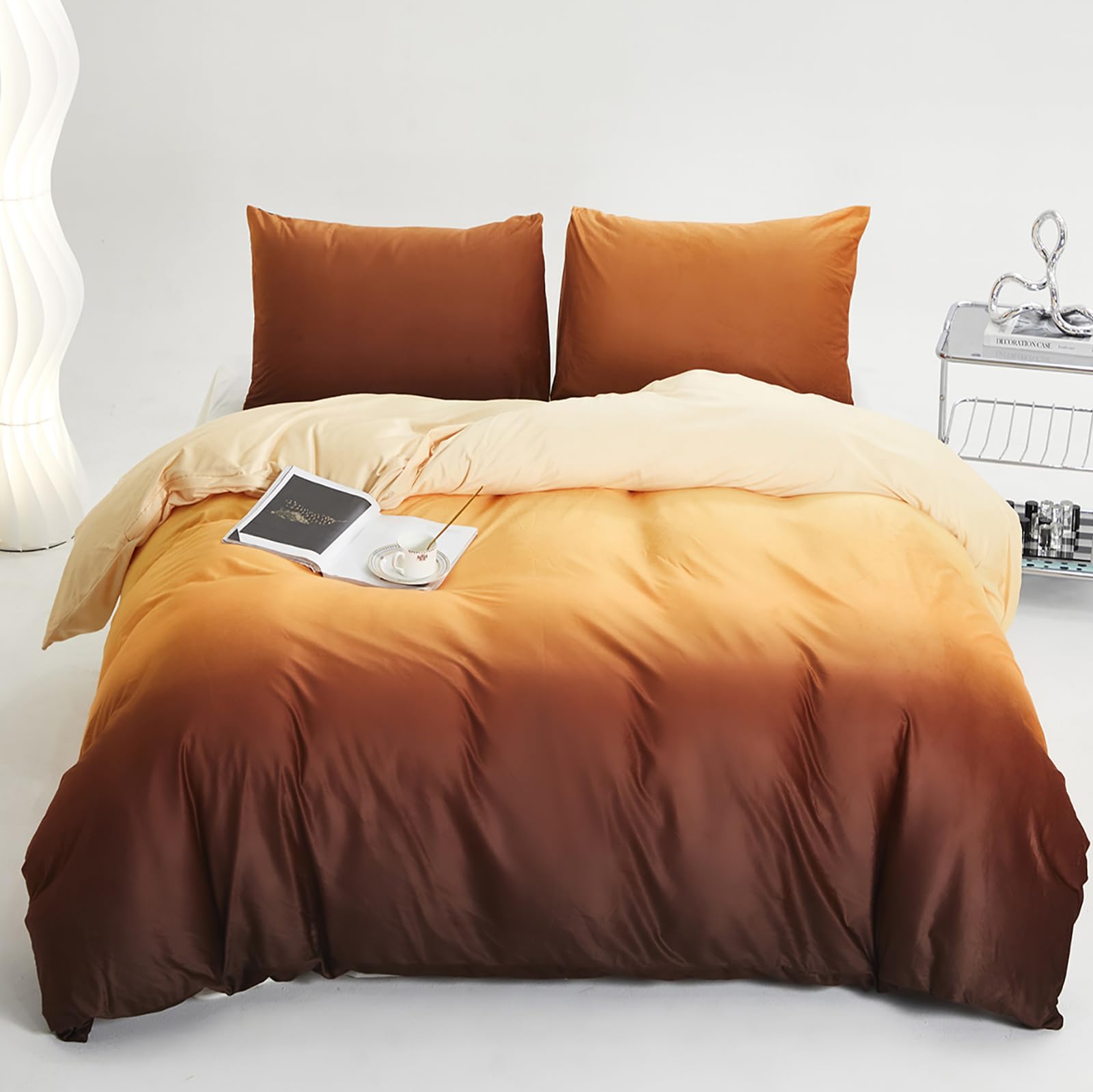 Luxlovery Sunset Color Velvet Comforter Full Women Girls Orange Gradient Flannel Bedding Set Brown Yellow Modern Blanket Quilts