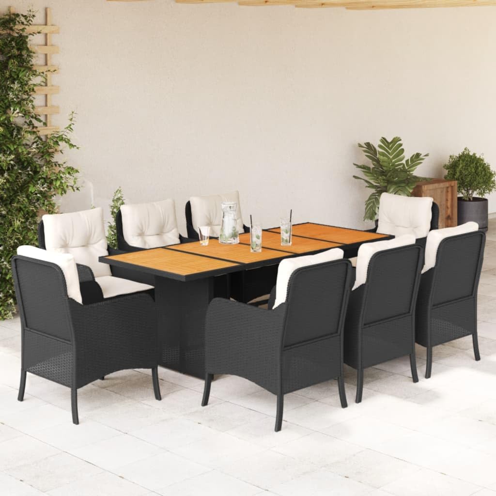 vidaXL 9 Piece Patio Dining Set with Cushions - Black PE Wicker/Rattan & Acacia Wood Table - Outdoor Garden Furniture