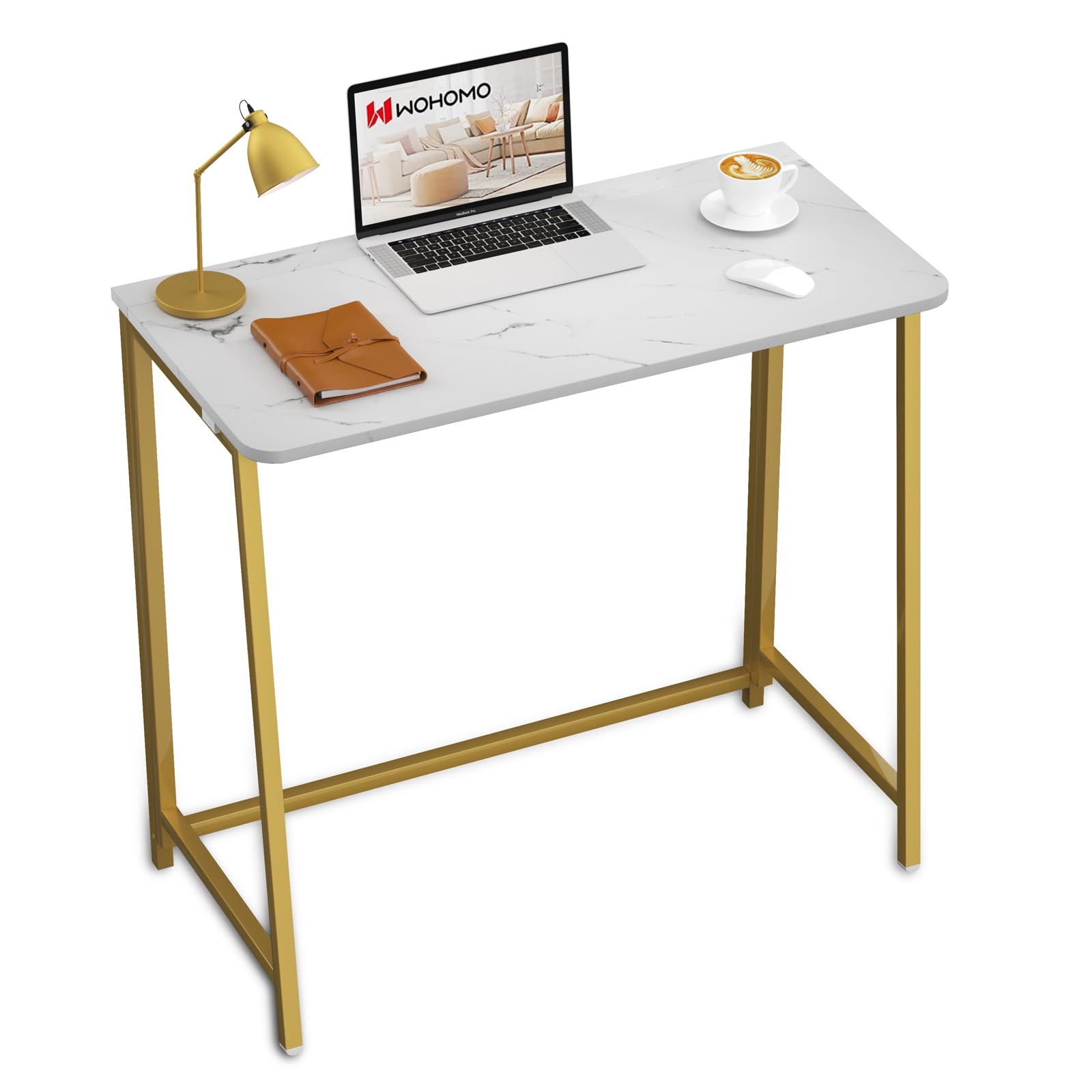 Wohomo White Marble Folding Desk, 31.5' Small Desk For Small Spaces With Gold Legs, Easy Assemble Foldable Computer Desk, Mini Portable Working Table For Home Office, White And Gold