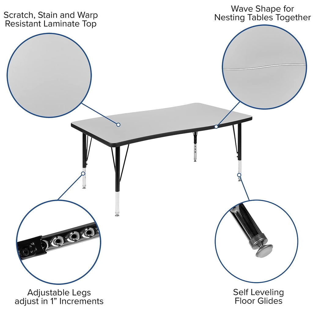 Flash Furniture 76" Oval Wave Collaborative Laminate Activity Table Set With 14" Student Stack Chairs, Grey/Black