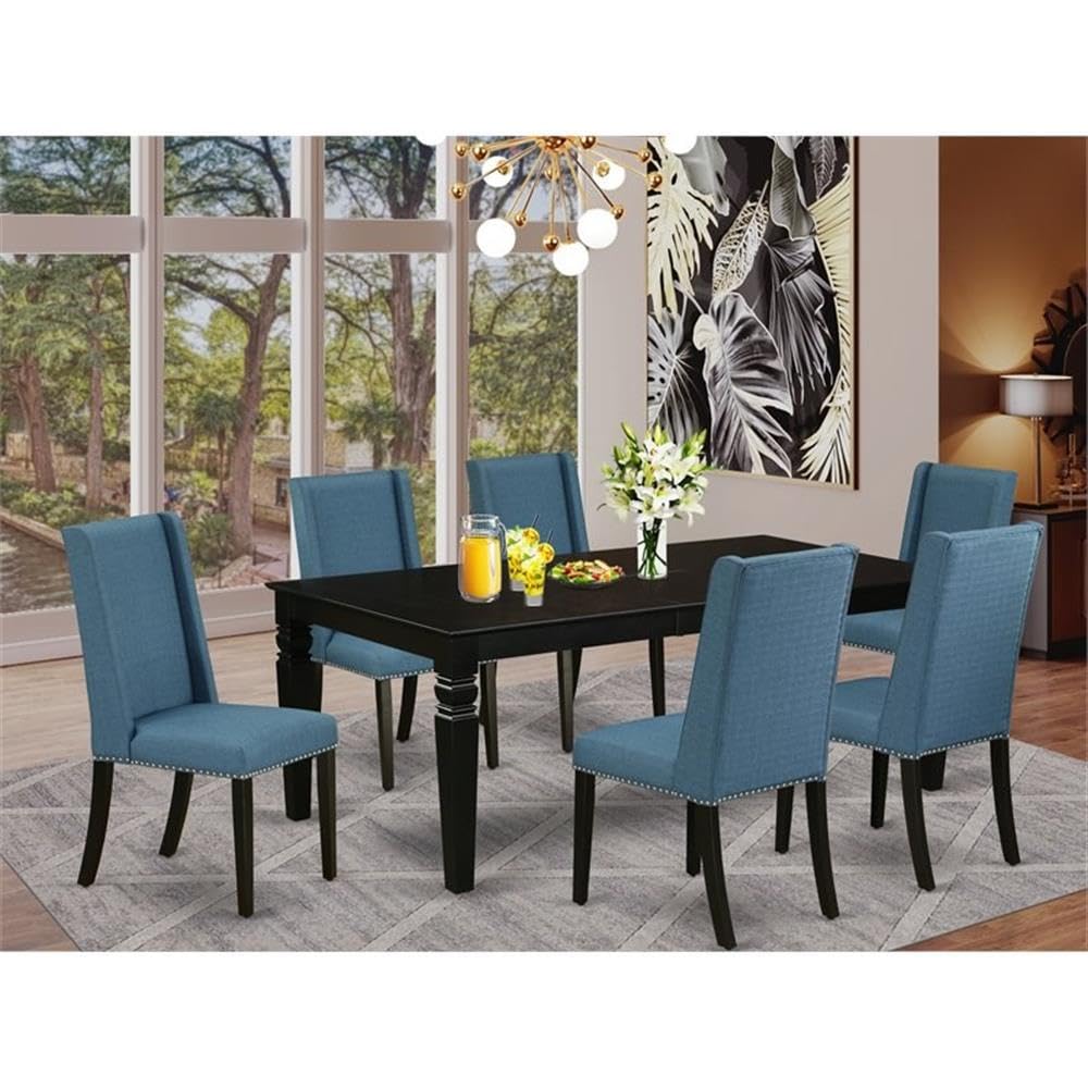 East West Furniture Lgfl7-Blk-21 7 Piece Dining Table Set Consist Of A Rectangle Dining Room Table With Butterfly Leaf And 6 Blue Linen Fabric Parsons Chairs, 42X84 Inch, Black