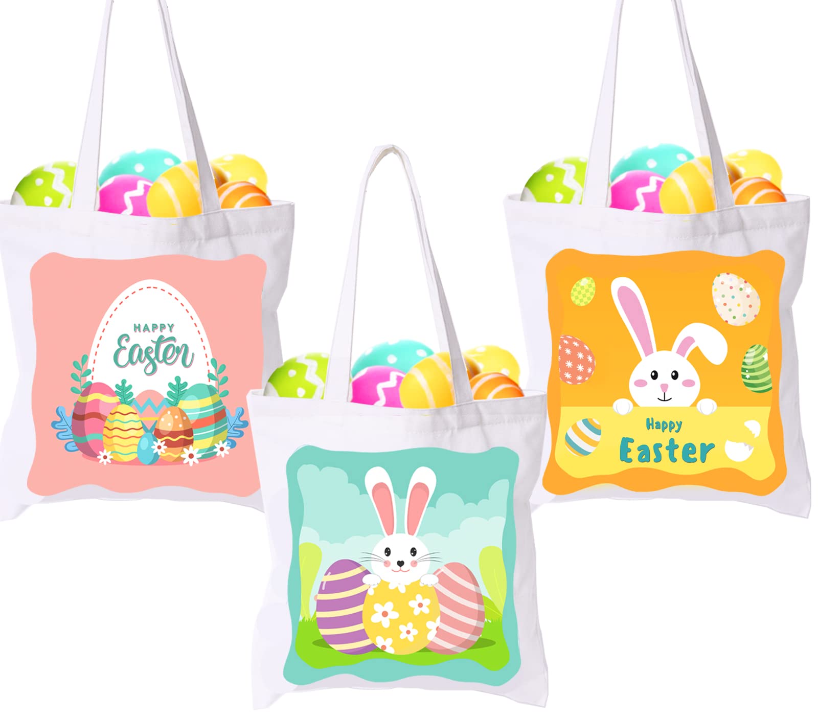 3 Pack Easter Gift Bags, Large Easter Bags with Handles, Canvas Easter Egg Bunny Treat Bags for Kids, Happy Easter Rabbit Bags, 