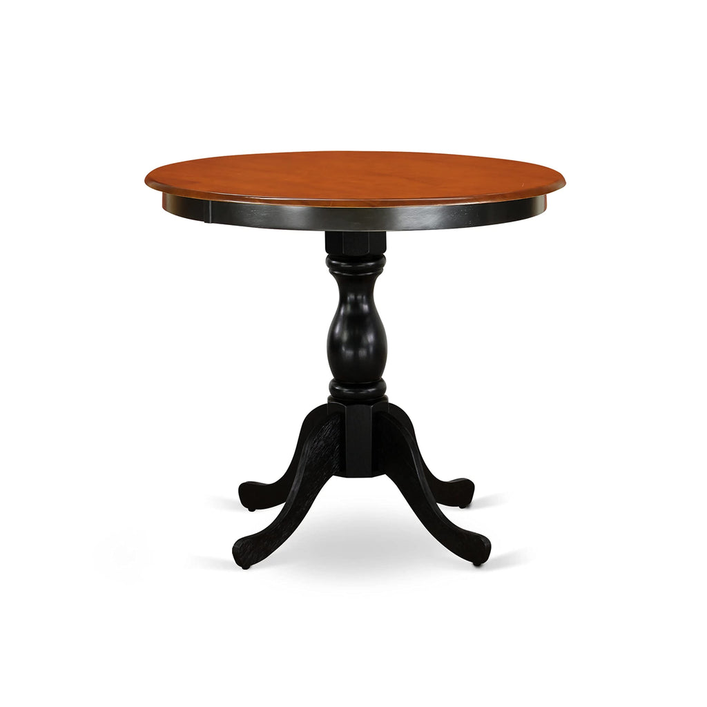 East West Furniture Essi3-Bch-21 3 Piece Dinette Set For Small Spaces Contains A Round Dining Table With Pedestal And 2 Blue Linen Fabric Upholstered Parson Chairs, 30X30 Inch, Black & Cherry