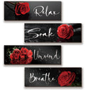 4 Pieces Red Rose Bathroom Wall Decors Flower Restroom Red Decor Relax Soak Unwind Breathe Red Wall Art Farmhouse Red Bathroom D