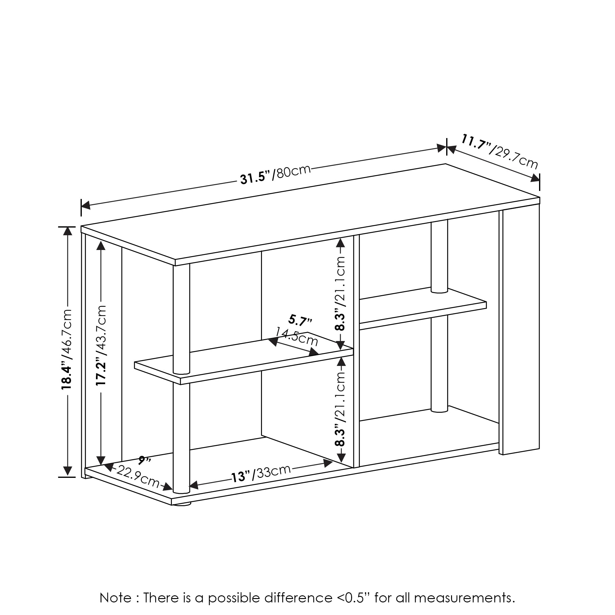 Furinno Romain Narrow End Table with Shelves, French Oak/Black