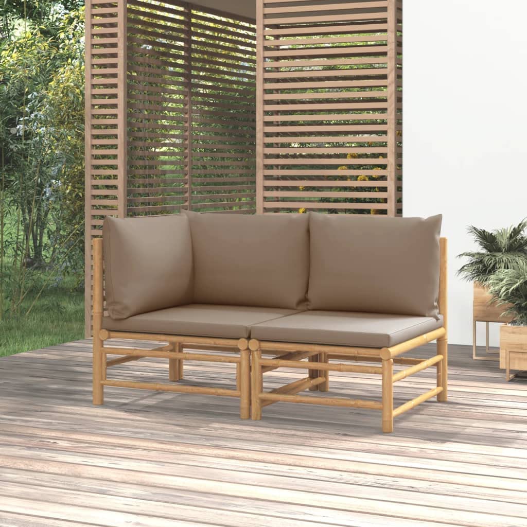 vidaXL 2 Piece Outdoor Patio Lounge Set with Thickly Padded Taupe Cushions Made of Bamboo in Natural Finish and Modular Design