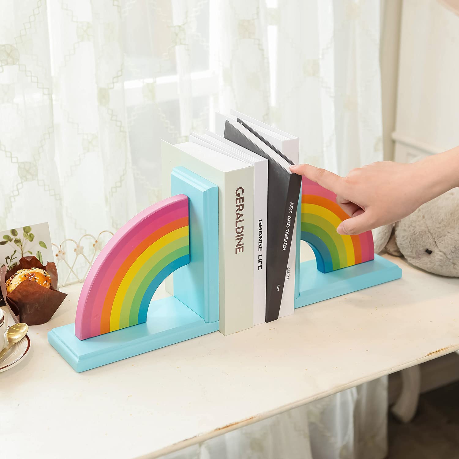 Nikky Home Wooden Rainbow Book Ends Non-Skid Cute Bookends Book Stoppers For Girls Home Children'S Room Classroom Nursery Decor,