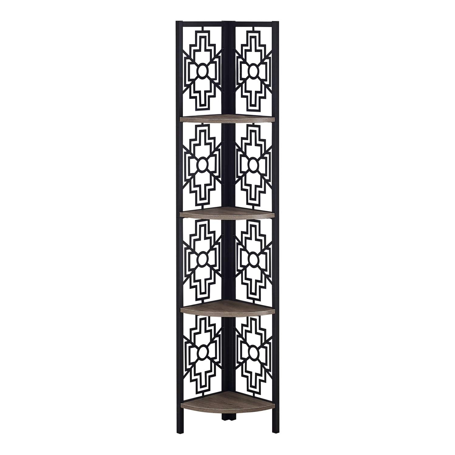 Monarch Specialties I 3621 Bookshelf, Bookcase, Etagere, Corner, 4 Tier, 62&quot; H, Office, Bedroom, Metal, Laminate, Brown, Black, Transitional