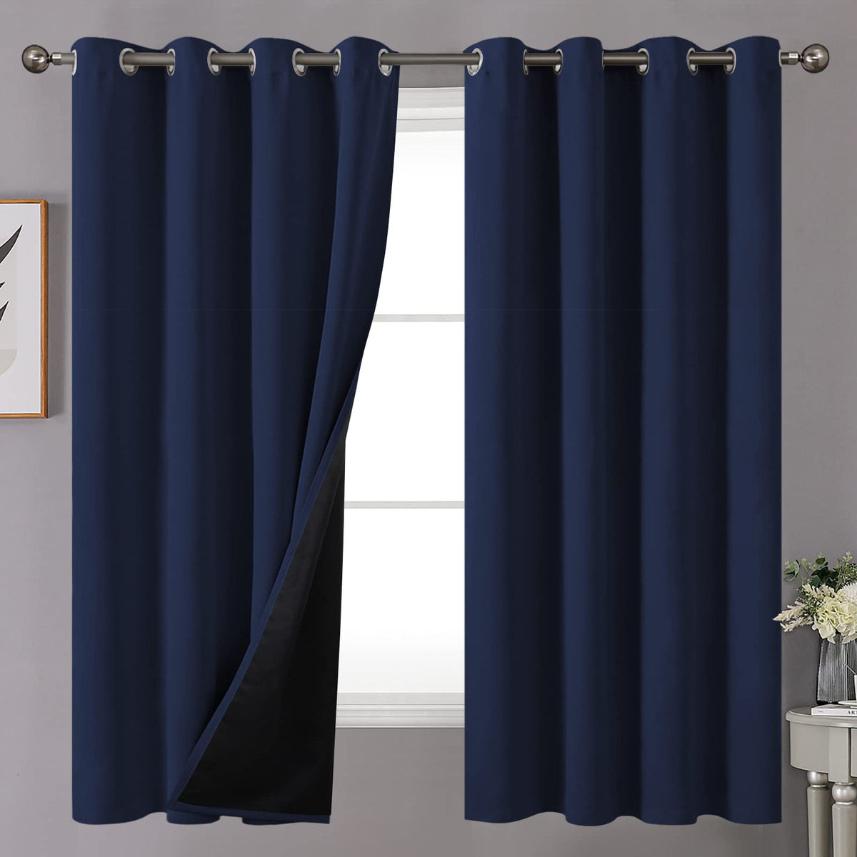 Youngstex 100% Blackout Curtains For Bedroom With Black Liner, Grommet Full Light Blocking Curtain Thermal Insulated Drapes For