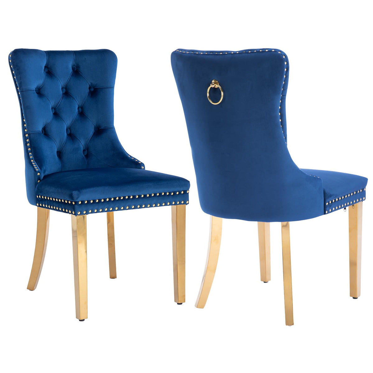 Blue Velvet Dining Chairs Set Of 2, Kitchen Chairs Set Of 2, Tufted Upholstered Dining Room Chair, Back Ring Pull Trim, Golden S