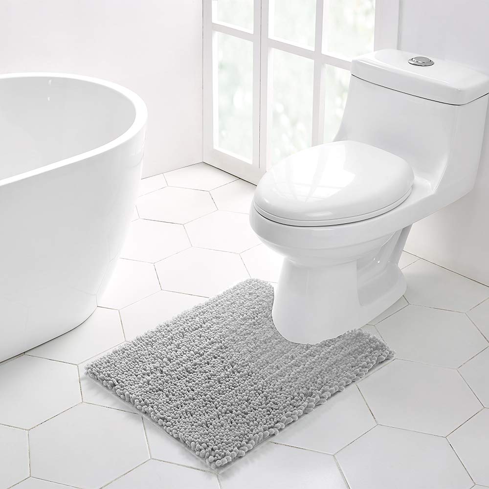 Walensee Bathroom Contour Rug Non Slip Toilet U Shaped Bath Mat (20x24, Light Grey) Water Absorbent Super Soft Shaggy Chenille M