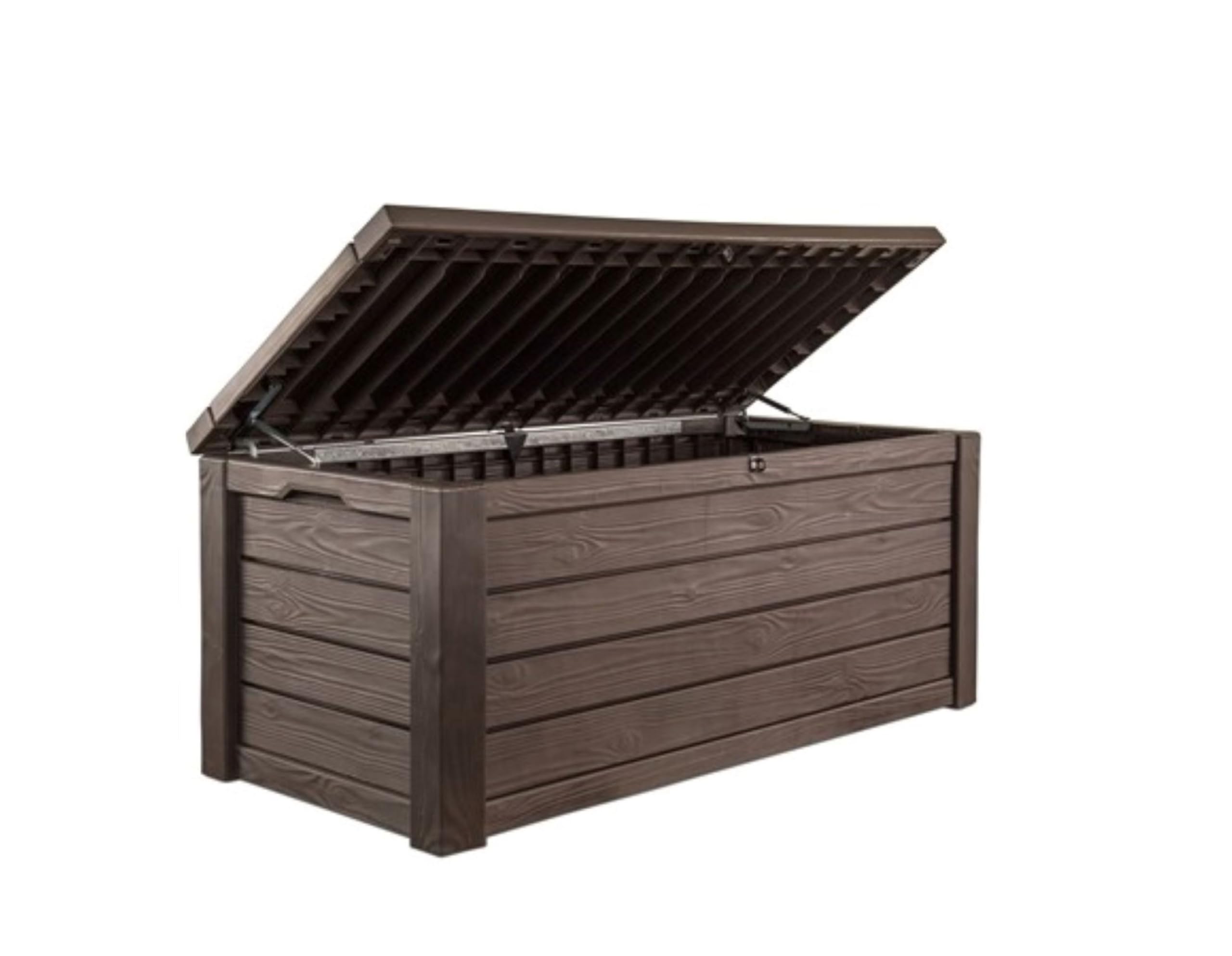 Keter Westwood 570L Storage Box, All-Weather Resin Deck Box And Stylish Outdoor Bench With Piston-Assisted Lockable Lid & Side H