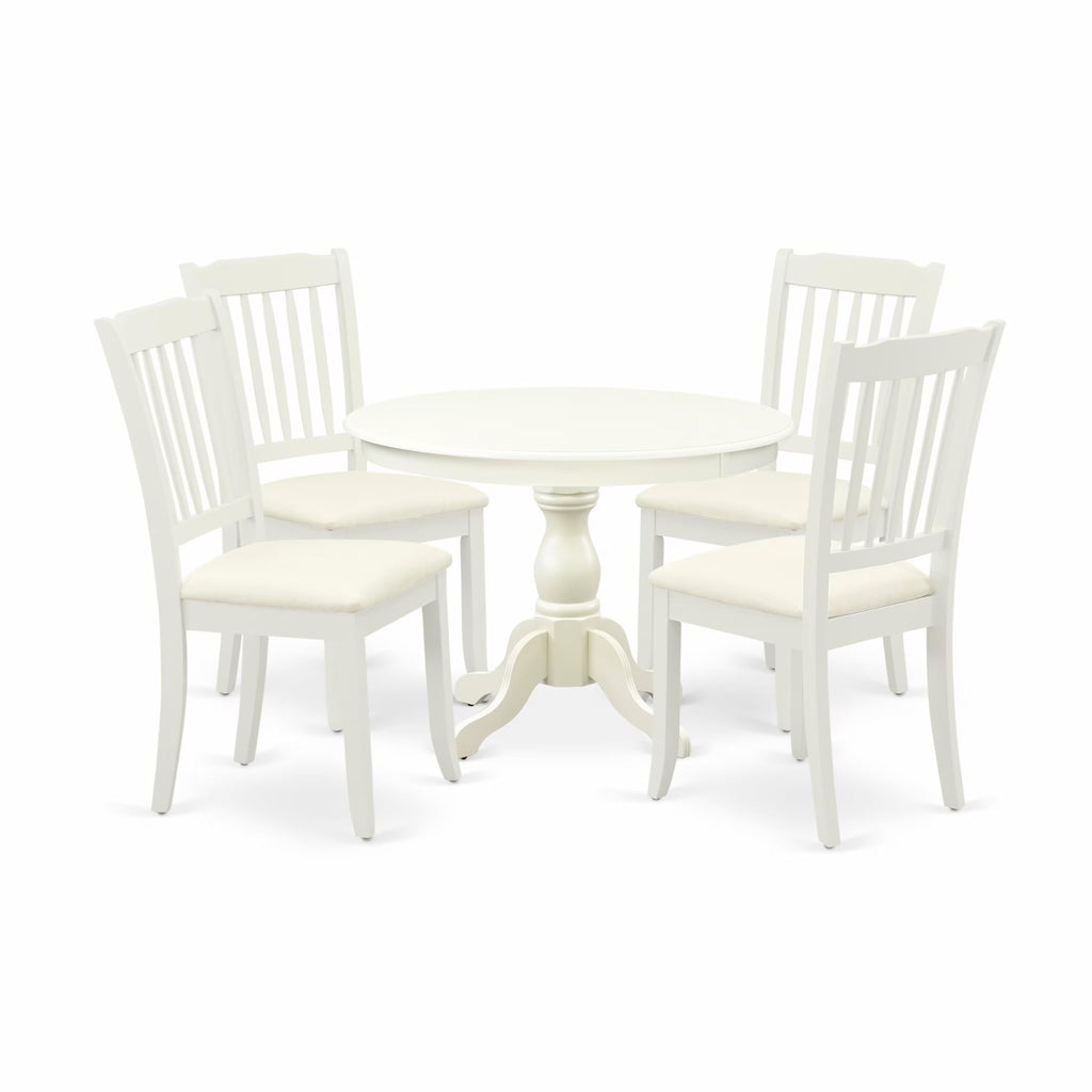 East West Furniture HBDA5-LWH-C 5 Piece Kitchen Table & Chairs Set Includes a Round Dining Room Table with Pedestal and 4 Linen Fabric Upholstered Chairs, 42x42 Inch, Linen White