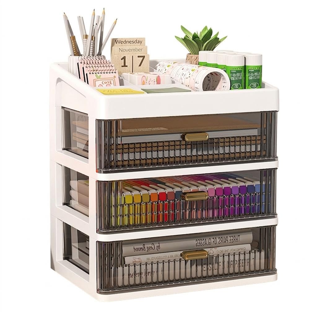 Merishopp 3Tier Desktop Drawers For Study Table, Desk Storage Box With Lid, Stackable Organizer For Office Stationery, Small Dr