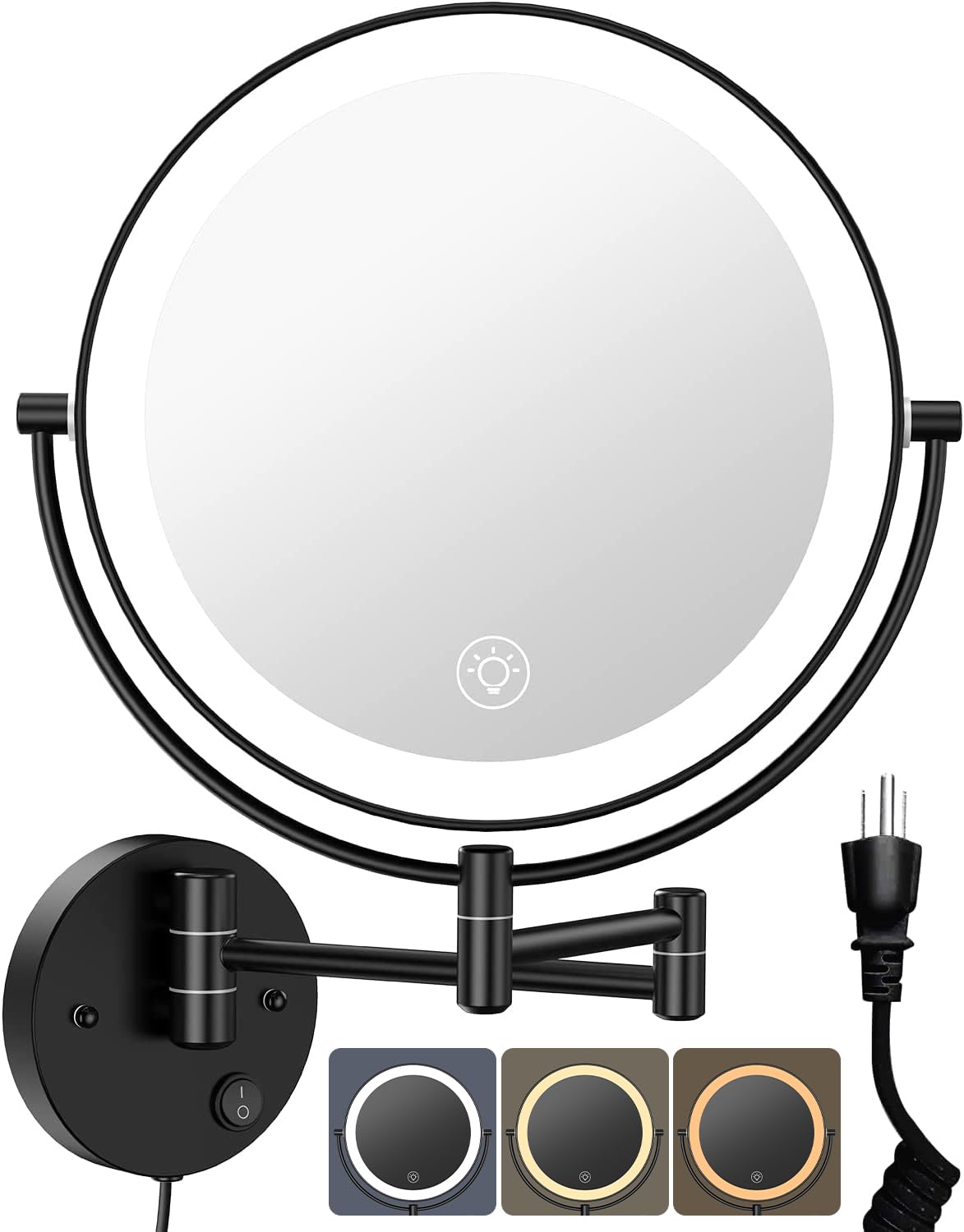 Benbilry 9    Wall Mounted Lighted Makeup Vanity Mirror with 3 Color Dimming Lights, Large Size 1X/10X Magnifying Double Sided L