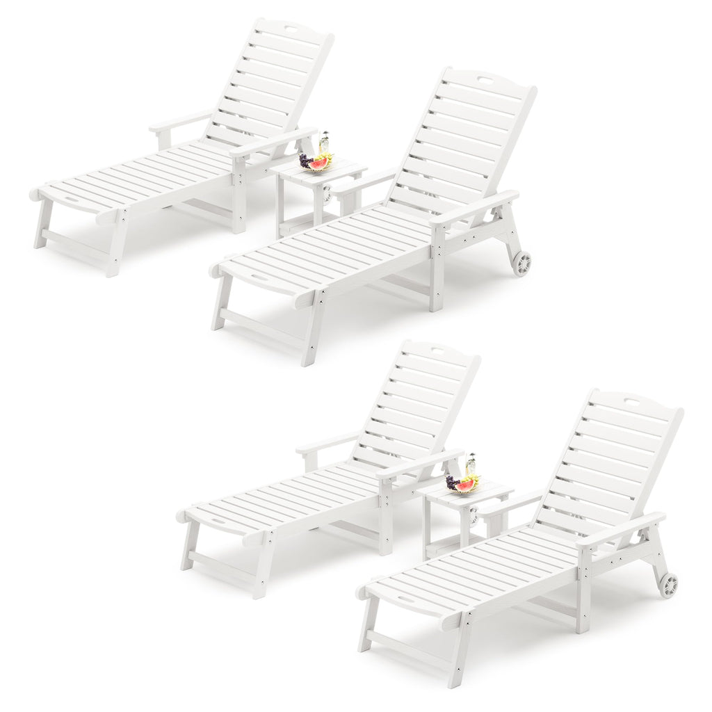 Lue Bona Chaise Lounge Chairs Set With Table, 6-Piece, Hdps Material, 3-Year Warranty, Patio Lounge Chair With Adjustable Backrest, Resin Pool Lounge Chairs With Wheels For Outside, Poolside, White