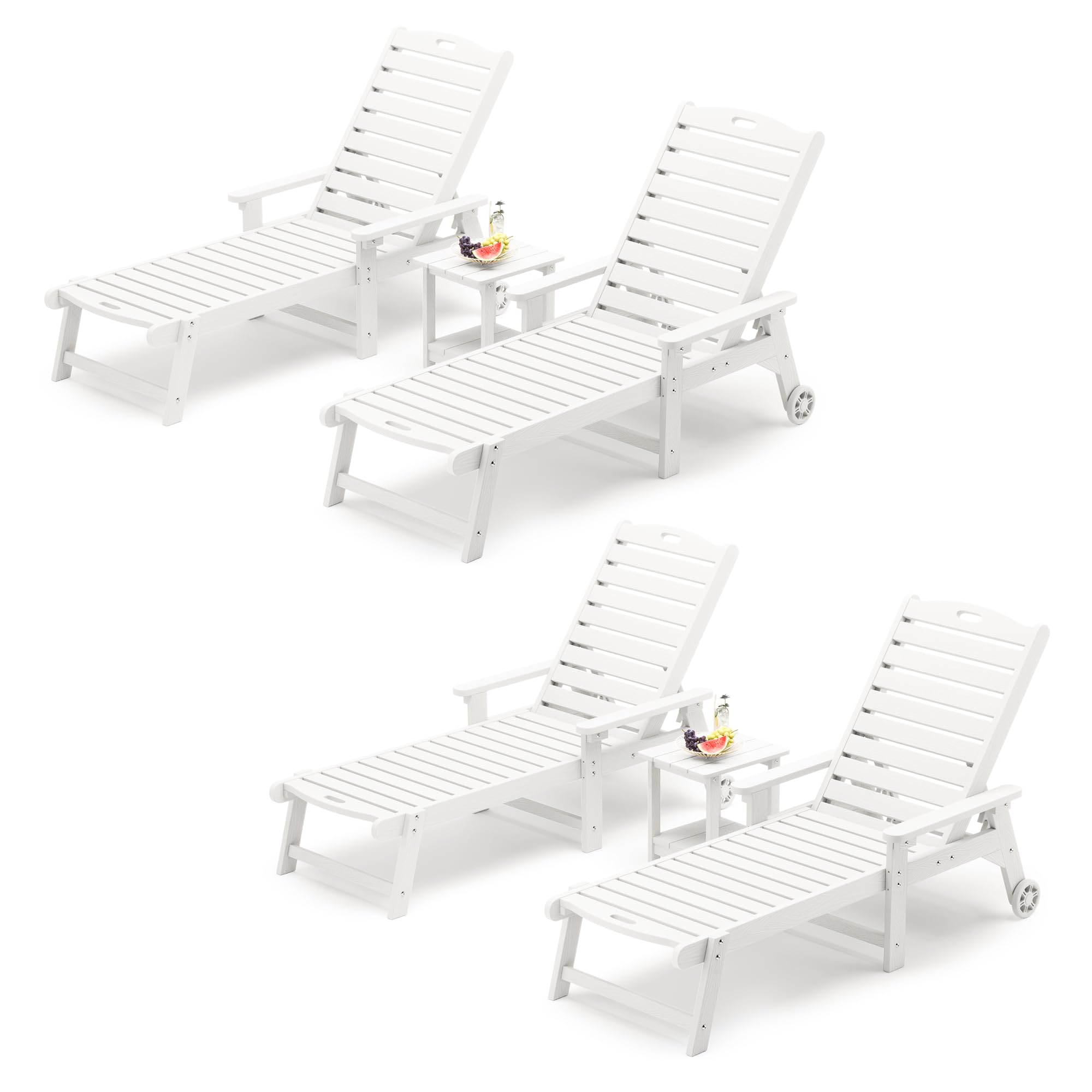 Lue Bona Chaise Lounge Chairs Set With Table, 6-Piece, Hdps Material, 3-Year Warranty, Patio Lounge Chair With Adjustable Backrest, Resin Pool Lounge Chairs With Wheels For Outside, Poolside, White