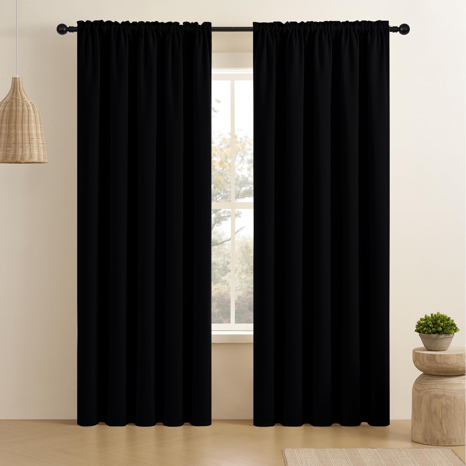 CUCRAF Black Blackout Curtains 84 inch Length 2 Panels Set, Rod Pocket Room Darkening Drapes for Bedroom Living Room, Insulated 