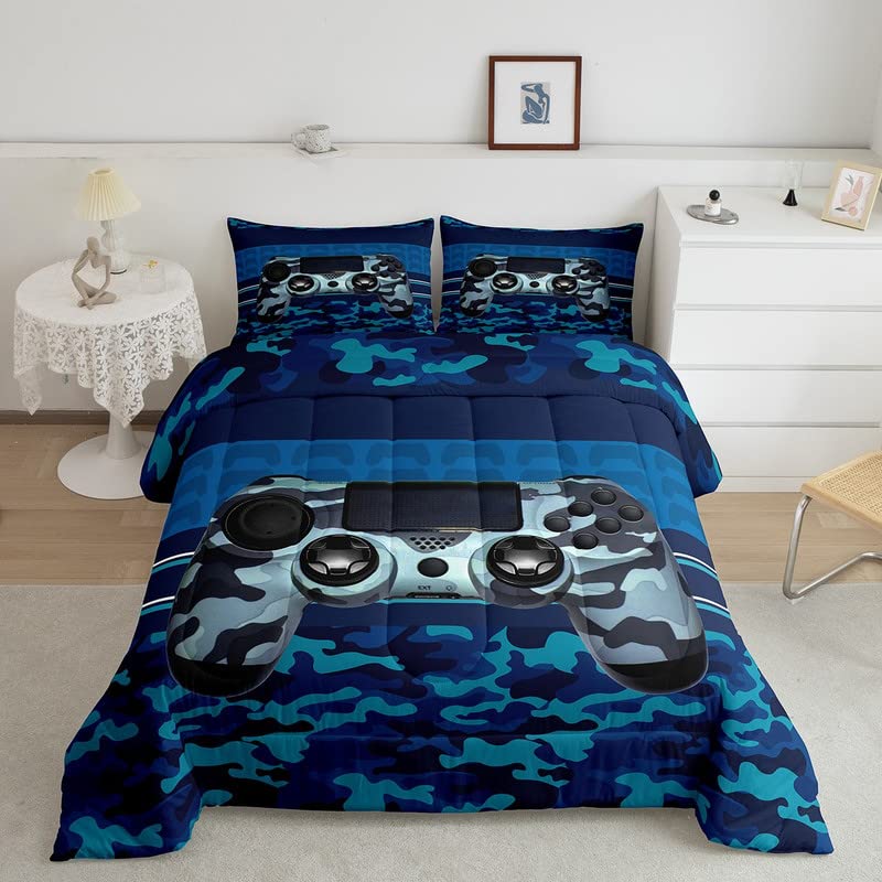 Gamer Comforter Set Camouflage Gaming Video Game Bedding Set For Kids Boys Children Blue Camo Gamer Console Comforter Soft Gamep
