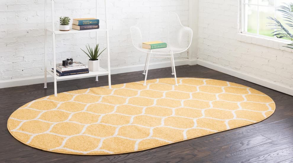 Unique Loom Trellis Frieze Collection Area Rug - Rounded (3' X 5' Oval, Yellow/ Ivory)