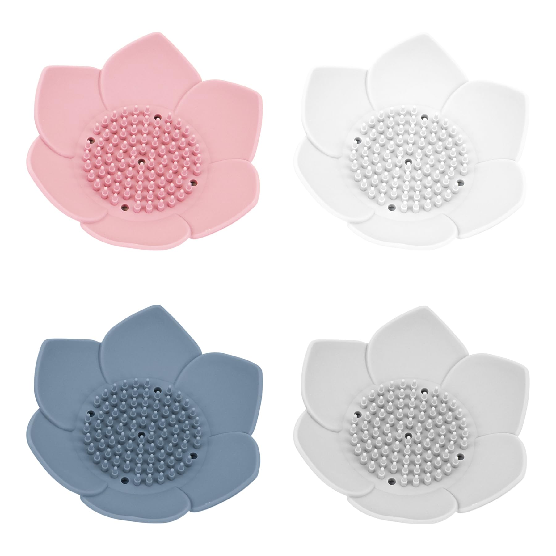 Framendino, 4 Pack White Silicone Soap Dishes Non-Slip Floral Shaped Design Self-draining Sponge Bar Soap Holder for Shower Bath