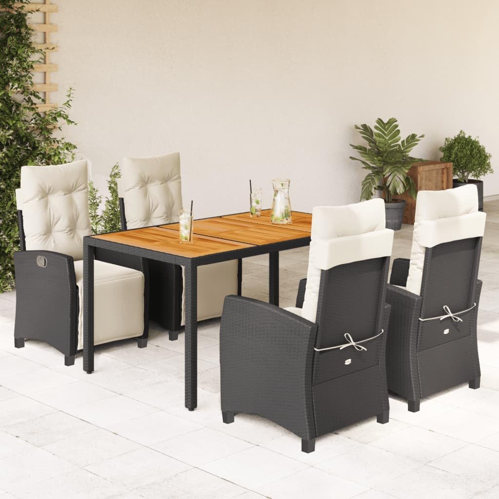 vidaXL - 5 Piece Patio Dining Set with Cushions - Adjustable Black Poly Rattan Garden Furniture with Acacia Wood Table for Outdoor, Backyard, Patio - Include 4 Chairs and Cushions