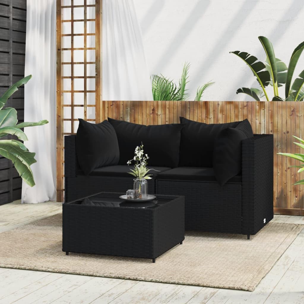 vidaXL Black PE Rattan Patio Lounge Set - Outdoor Furniture with Weather-Resistant Cushions and Tempered Glass Tabletop - Includes Corner Sofa, Cushion and Coffee Table