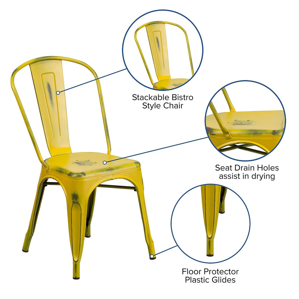 Flash Furniture Commercial Grade Distressed Yellow Metal Indoor-Outdoor Stackable Chair