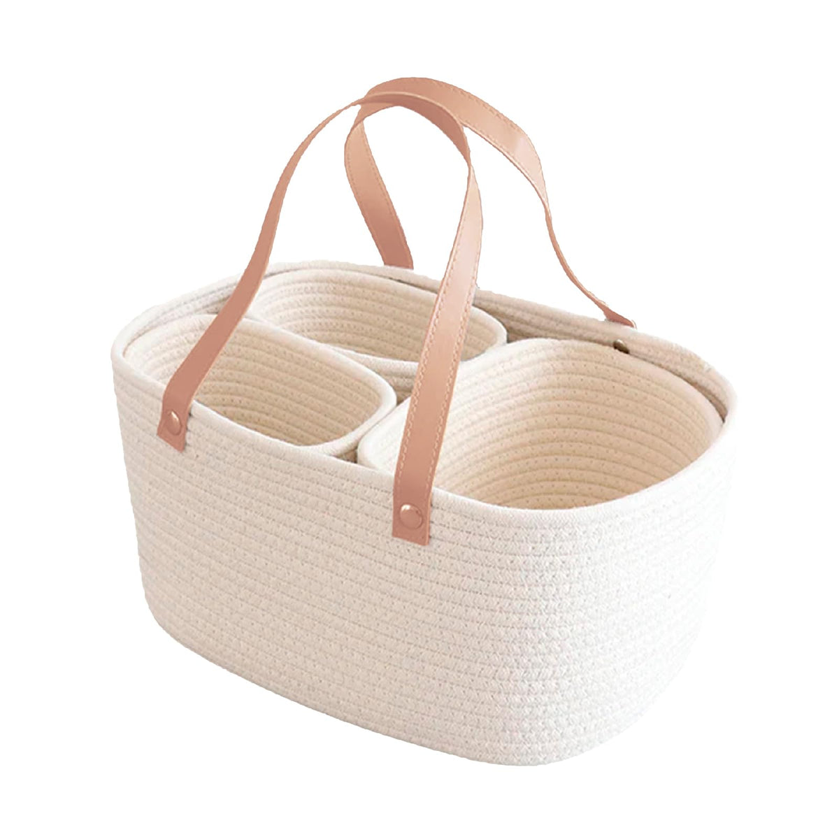 Oliver & Emilia Storage Basket - Portable Small Decorative Woven Cotton Rope Organizer - Leather Handle & Three Removable Bins f