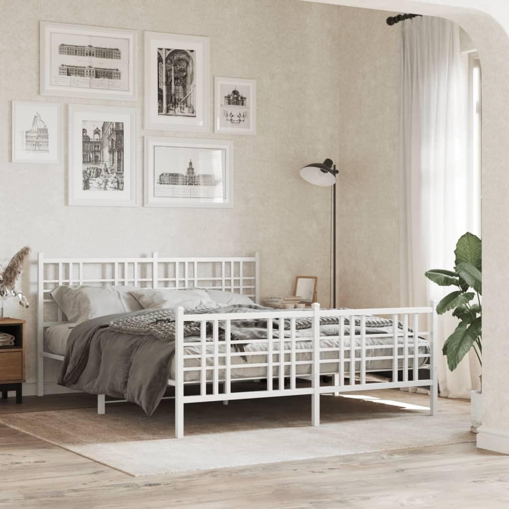 vidaXL White Metal Double Bed Frame with Headboard/Footboard - Robust Steel Slats, Center Legs, Storage Space - 59.1&quot;x78.7&quot;
