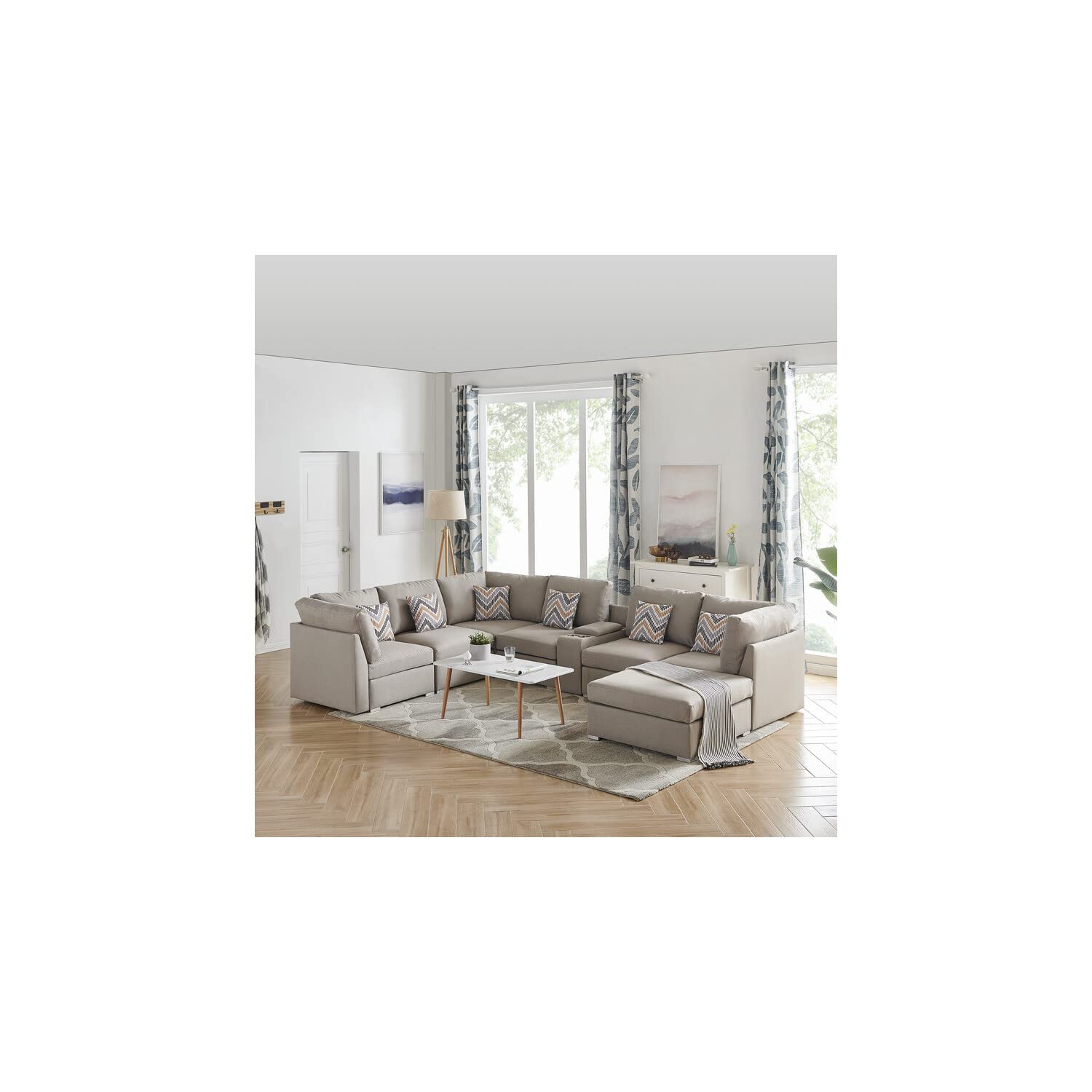 Lilola Home Lucy Beige Fabric Reversible Modular Sectional Sofa with USB Console and Ottoman