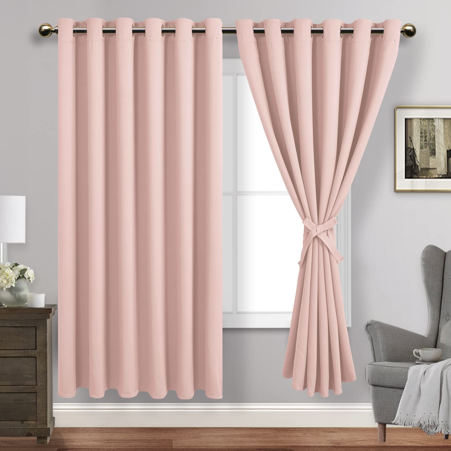 Jiuzhen Blush Pink Blackout Curtains With Tiebacks Thermal Insulated, Light Blocking And Noise Reducing Grommet Curtains For Bedroom And Living Room, Set Of 2 Window Curtain Panel, 70 X 72 Inch Length