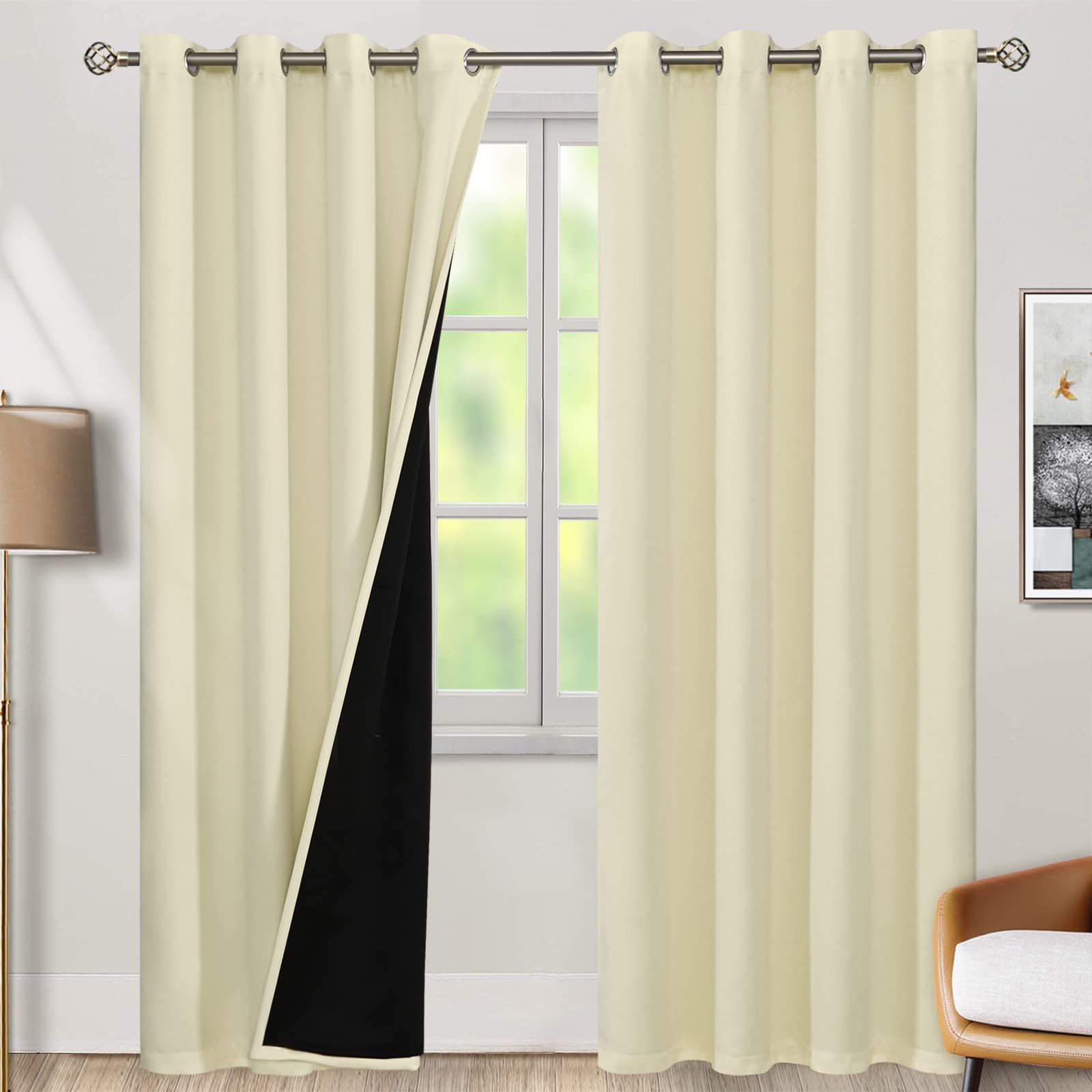 Bgment Cream 100% Blackout Curtains For Bedroom 90 Inch Length 2 Panels Set, Thermal Insulated Full Light Blocking Grommet Noise