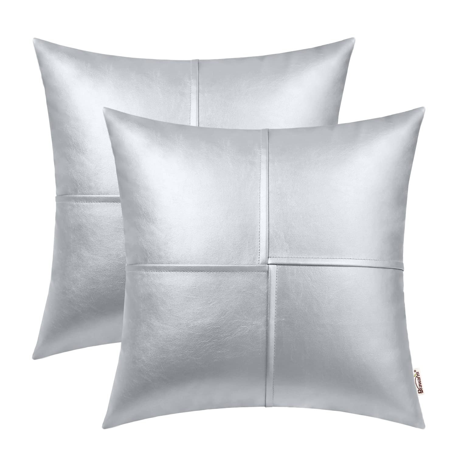 Brawarm Faux Leather Throw Pillow Covers 18 X 18 Inches, Silver Leather Pillow Covers Pack Of 2, Hand Stitched Leather Decorativ