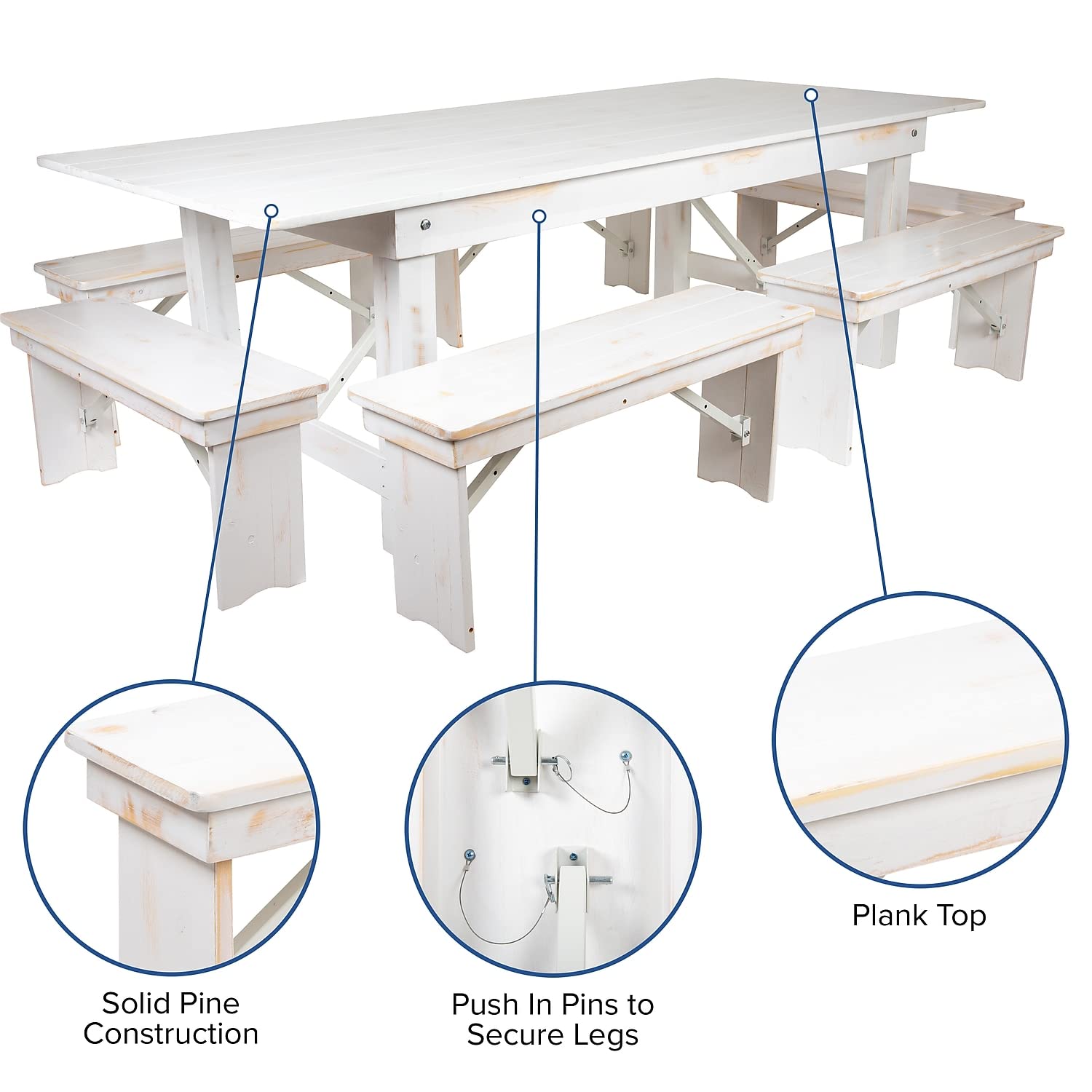 Flash Furniture Hercules Series 8' X 40&quot; Antique Rustic White Folding Farm Table And Six Bench Set