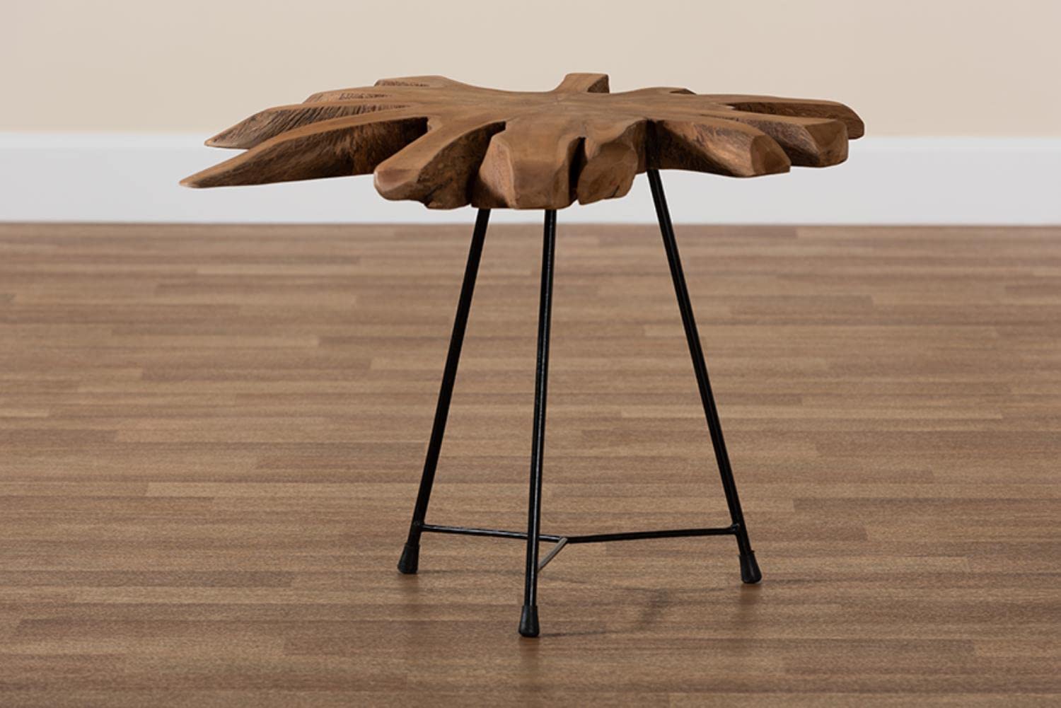 Baxton Studio Merci Rustic Industrial Natural Brown and Black End Table with Teak Tree Trunk Tabletop Brown/Black/Metal/Teak Wood