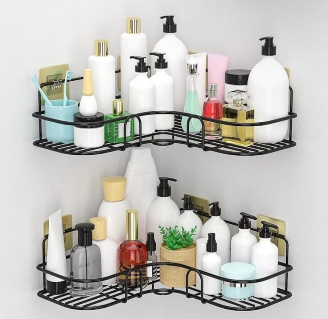 Set Of 2Corner Shower Caddy, Wall Mounted Bathroom Shelf Organiser, No Drilling Adhesive Storage Basket, Black Metal,