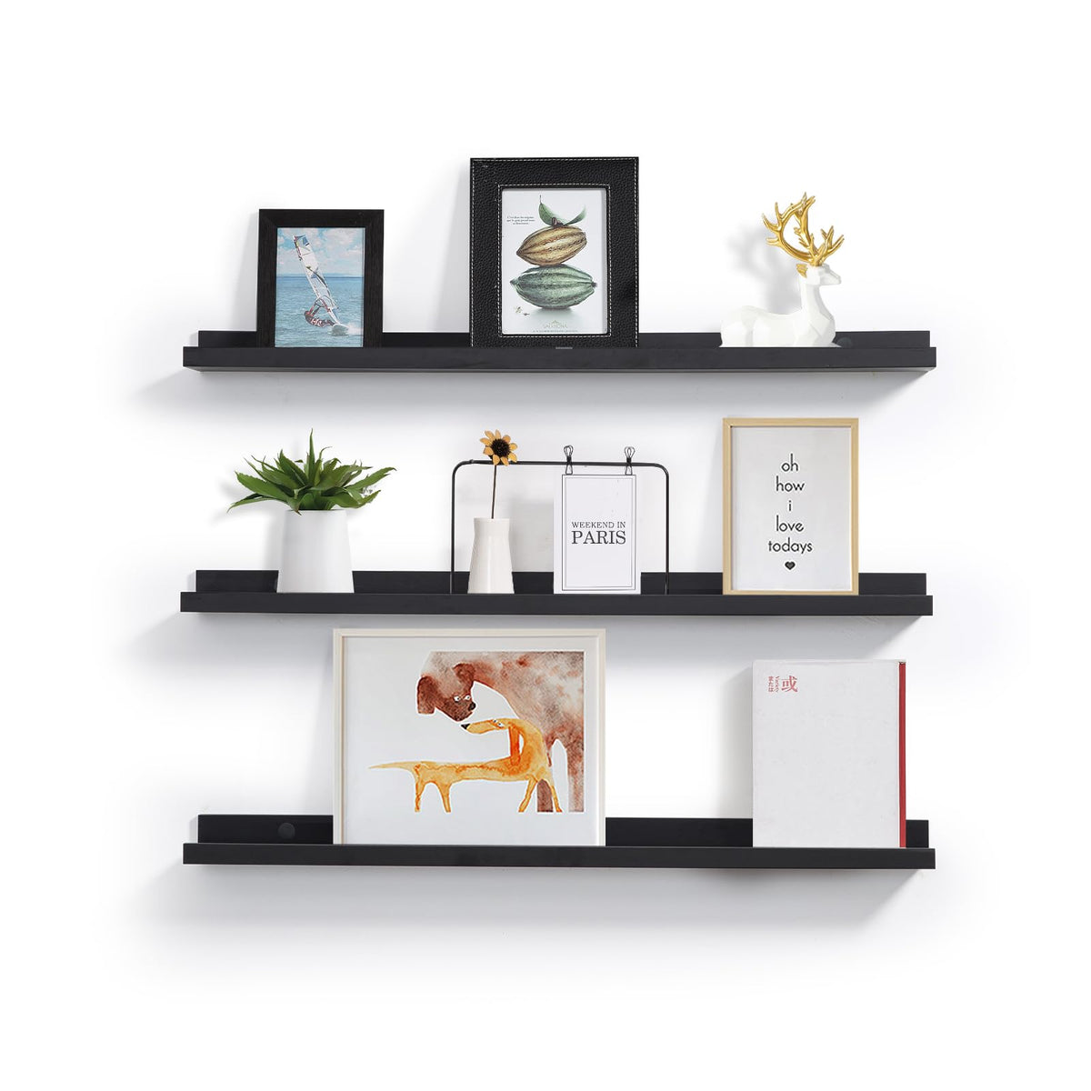 MBYD 36 Inch Picture Ledge Shelf with Lip Modern Black Floating Photo Shelves Natural Wood Set of 3 Same Sizes Frames Albums Dis
