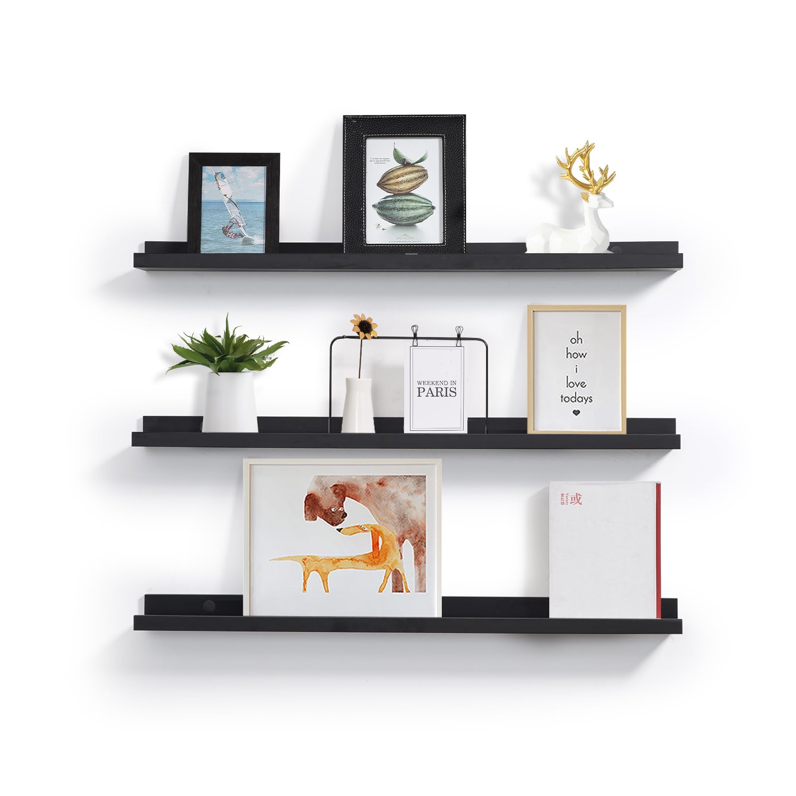 MBYD 36 Inch Picture Ledge Shelf with Lip Modern Black Floating Photo Shelves Natural Wood Set of 3 Same Sizes Frames Albums Dis
