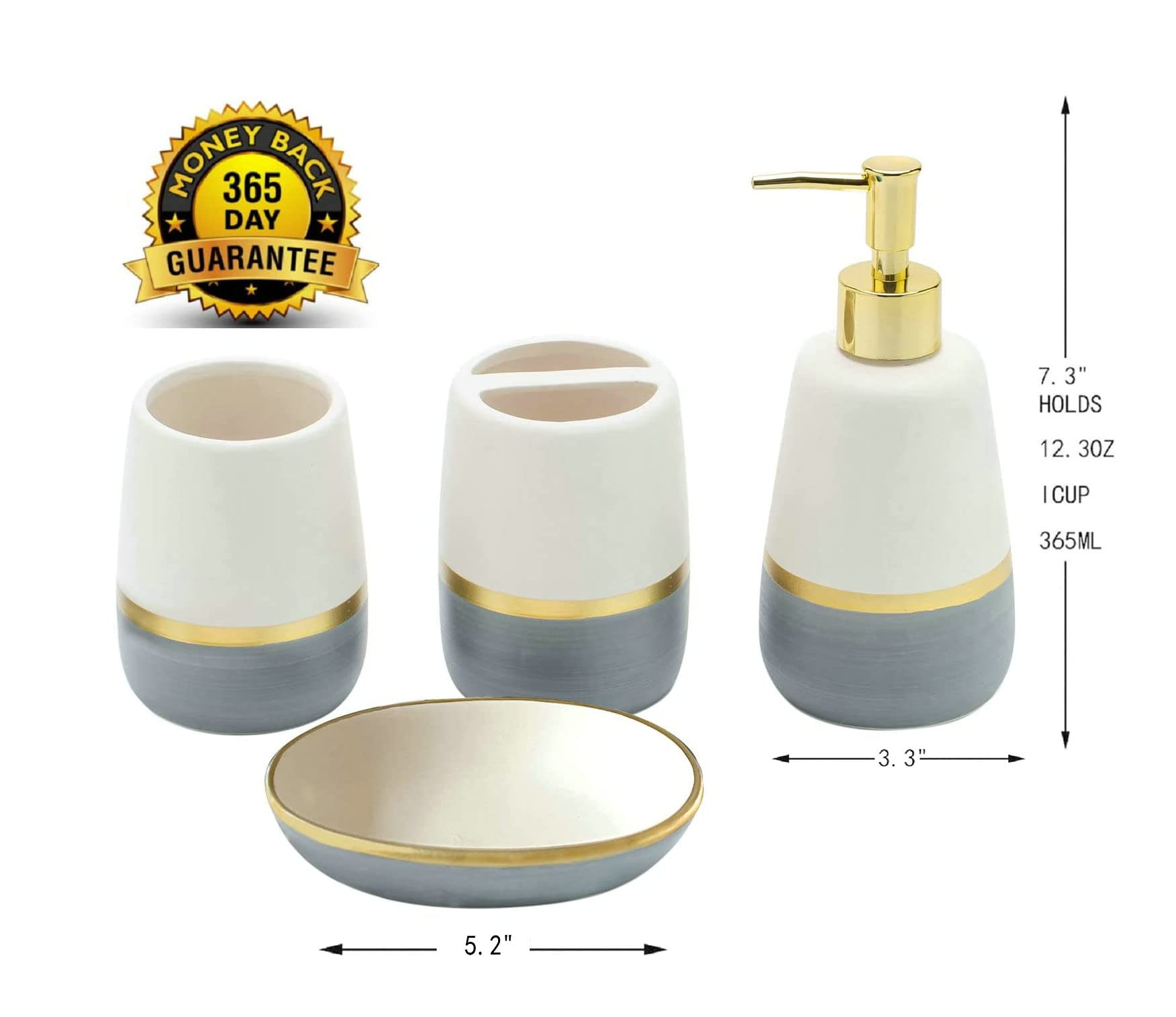 Grey Gold Bathroom Accesory Set 4Pc,Ceramic Bathroom Accessories Set Gray Bathroom Decor Countertop Organize Include Toothbrush