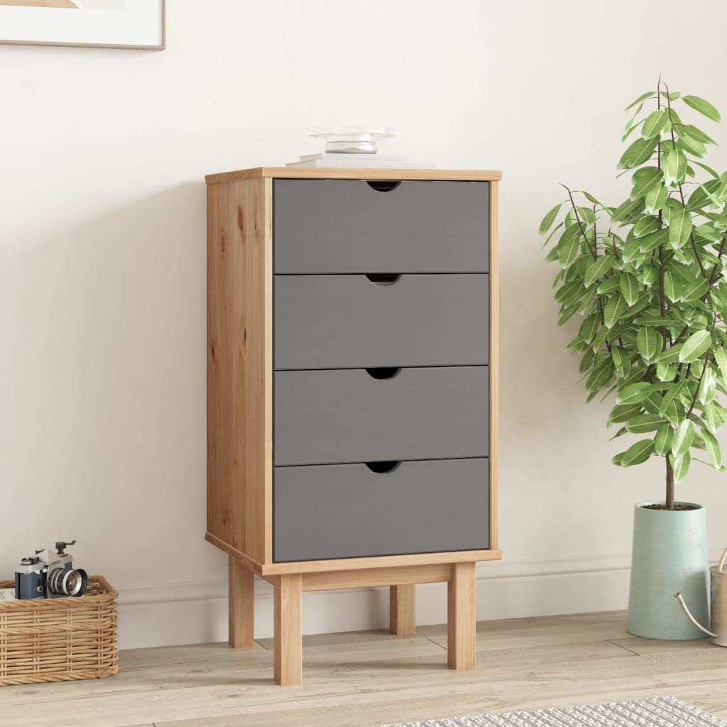 vidaXL Solid Wood Drawer Cabinet OTTA in Brown and Gray – Four-Drawer Pine Wood Cabinet in Scandinavian Style – 18.1&quot;x15.6&quot;x35.4&quot;