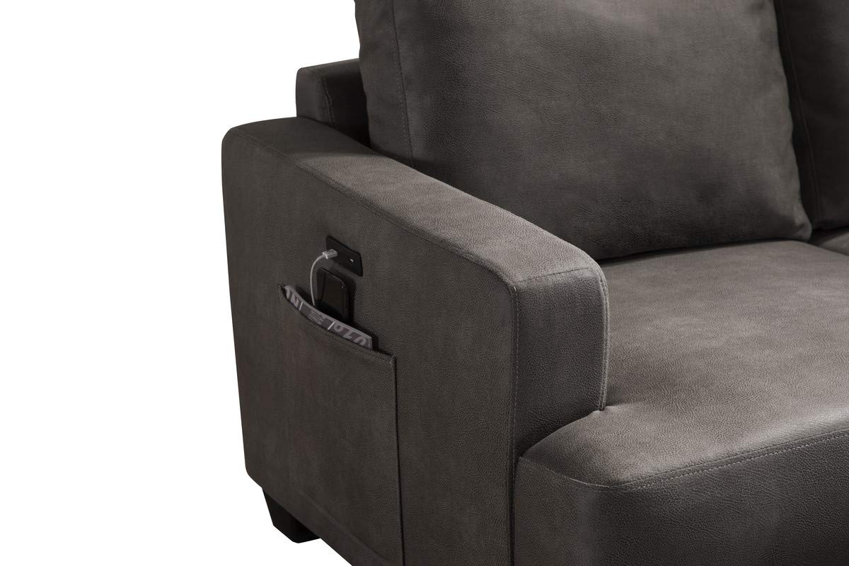 Lilola Home Caleb Gray Fabric Sectional Sofa Chaise with USB Charger and Tablet Pocket