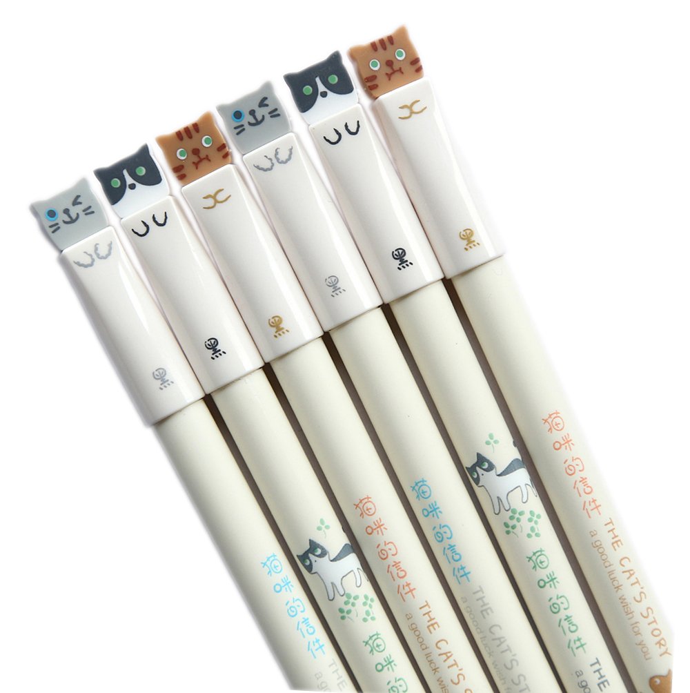 Ganssia Colorful Cats Design 0.38Mm Gel Pens Black Ink Pen Pack Of 6 Pcs