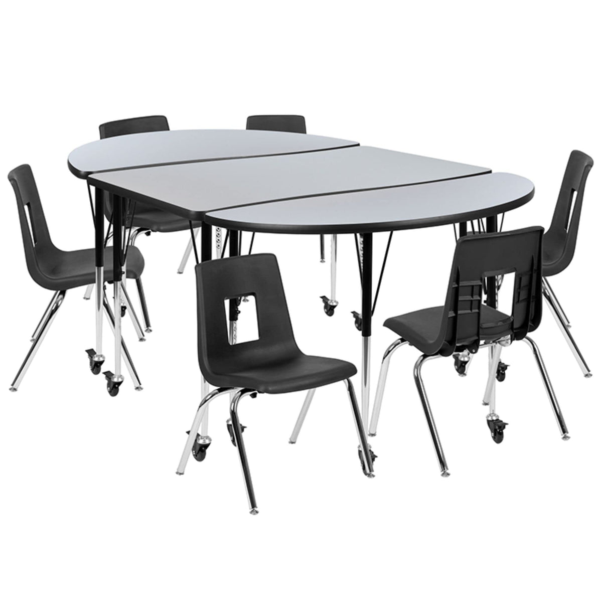 Flash Furniture Emmy Mobile 76&quot; Oval Wave Flexible Laminate Activity Table Set With 16&quot; Student Stack Chairs, Grey/Black