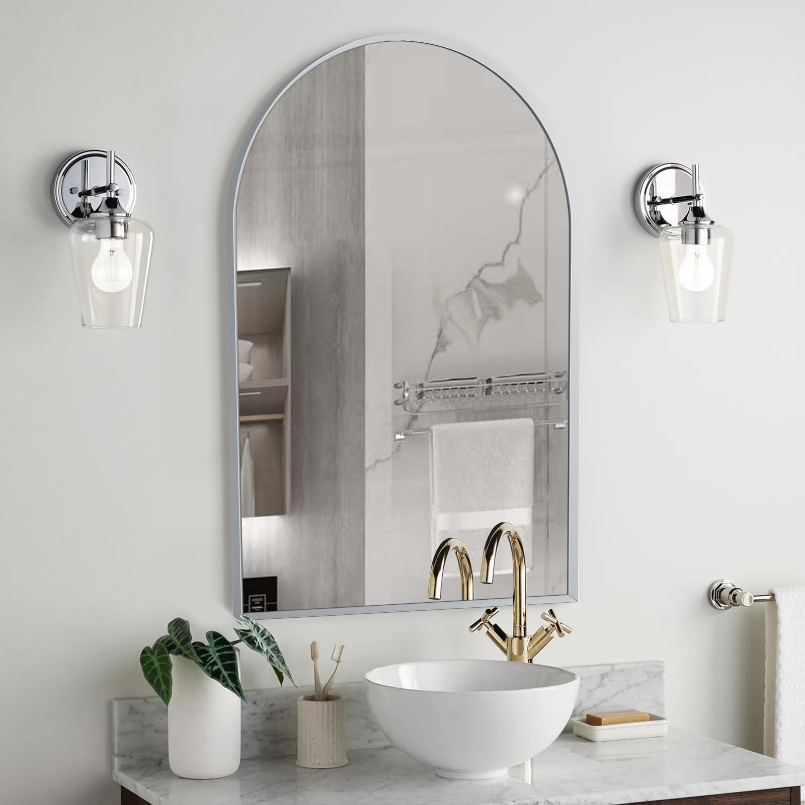 Minuover 24'' X 36'' Silver Arched Mirror, Arch Bathroom Vanity Mirror And Wall Decor Mirror, Modern Aluminum Alloy Metal Frame