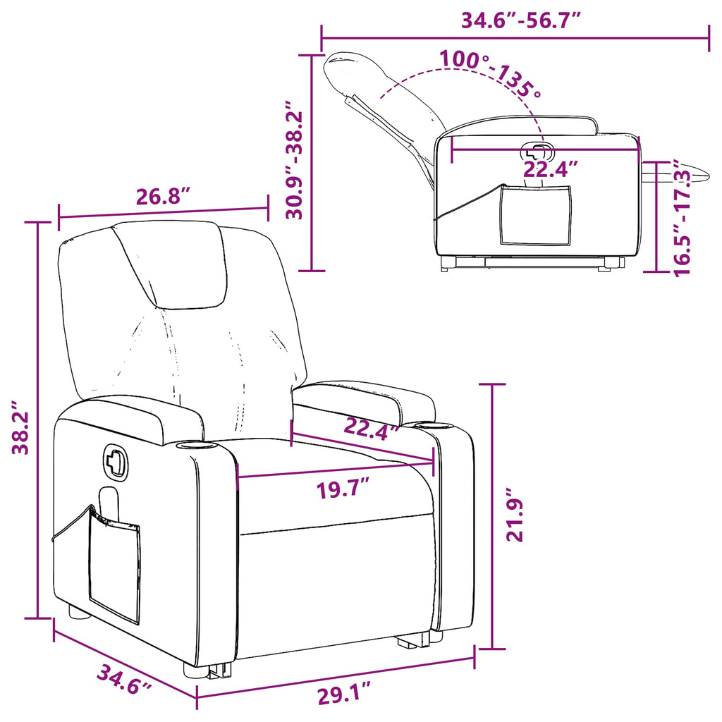 vidaXL Manual Recliner Chair for Living Room, Adjustable Recliner with Padded Seat & Backrest, Home Theater Seating with Side Pocket & Cup Holders, Cream Leather